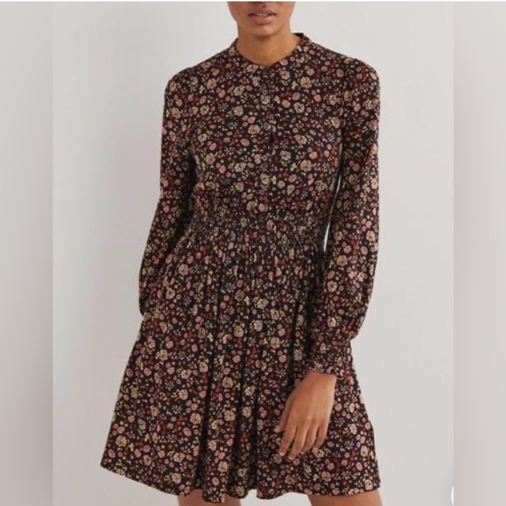 Boden Ditsy Floral Smocked Jersey Shirt Dress US 12 (UK16) Long Sleeve